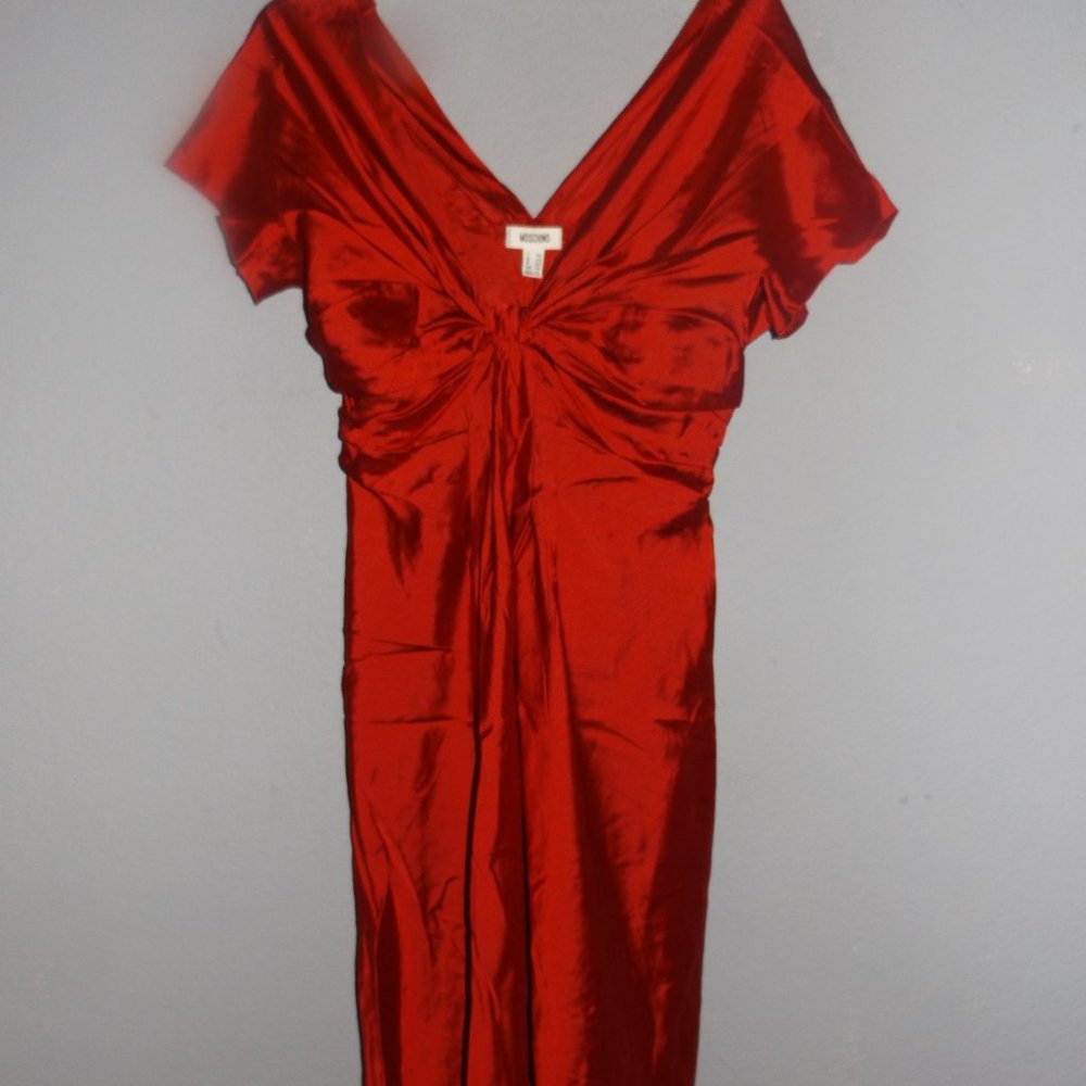 MOSCHINO CHERRY RED SILK MIDI DRESS